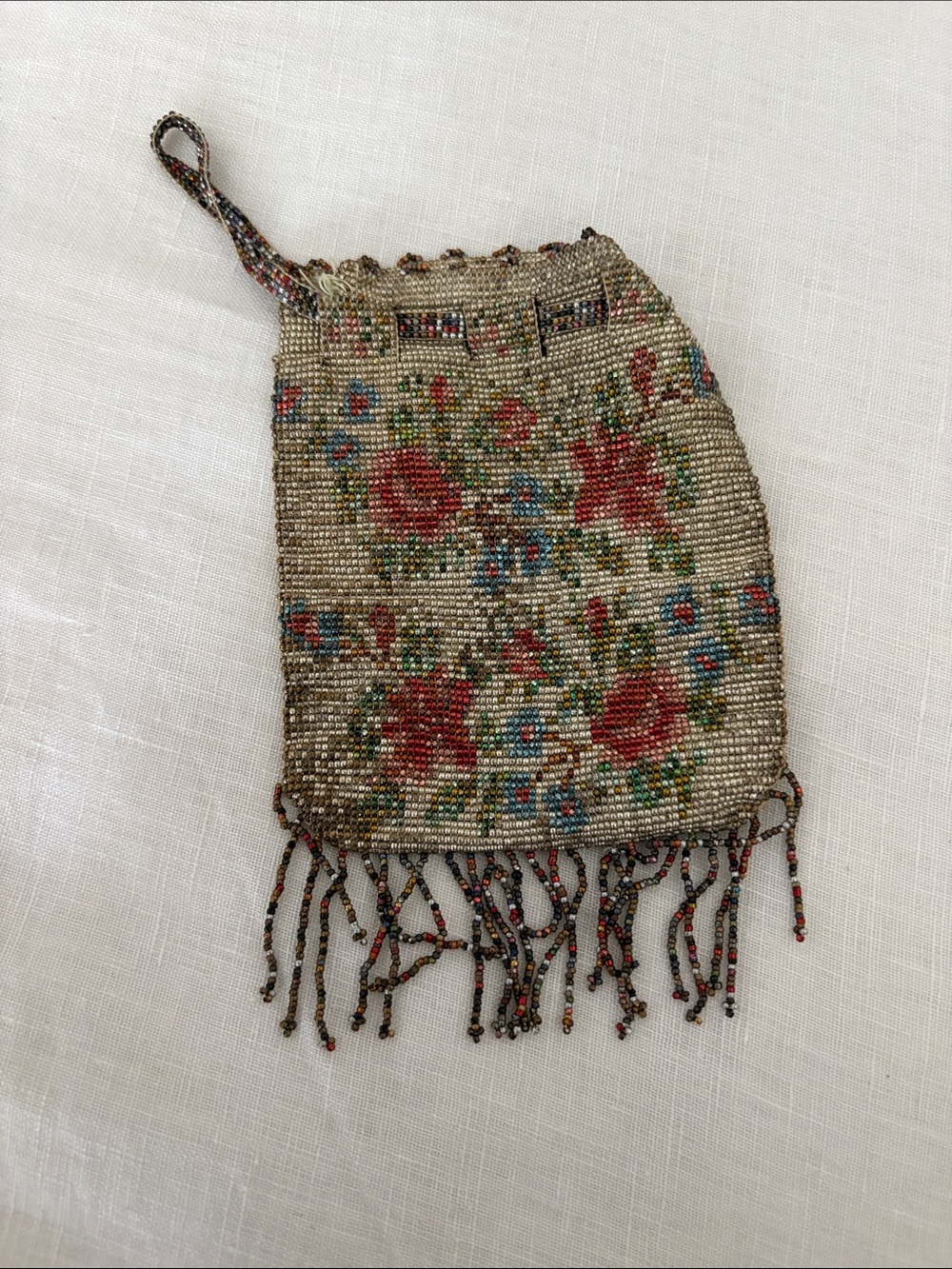 Vintage STUNNING Beaded Floral Wristlet - Red Floral on Cream
